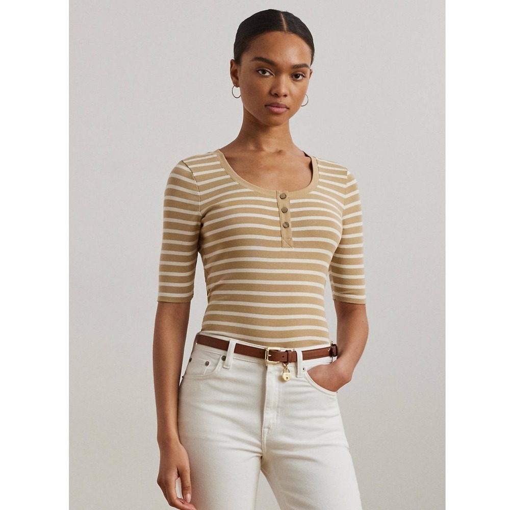Lauren Ralph Lauren Striped Henley Top Birch Tan White Elbow Sleeve NWT Large